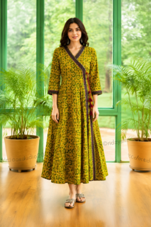 Mustard Green Floral Wrap Anarkali Dress