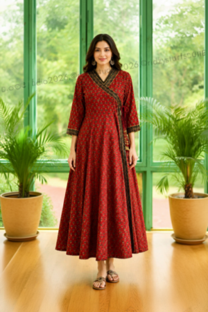 Rust Red Printed Wrap Anarkali