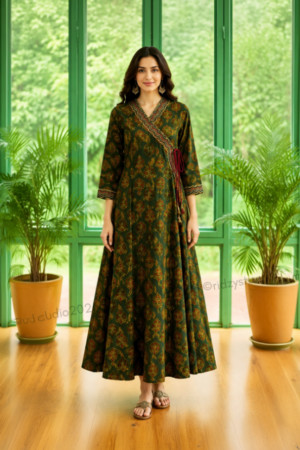 Olive Green Ethnic Printed Anarkali