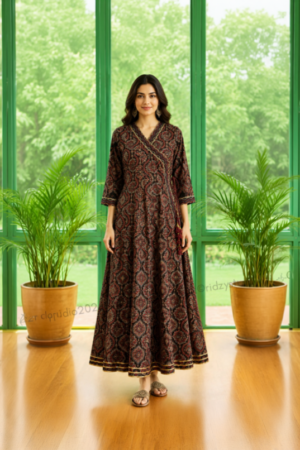 Black Paisley Printed Wrap Anarkali Dress