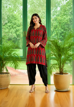 Red & Black Printed Kurta Dhoti Set