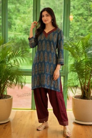Blue Printed Short Kurti and Maroon Salwar Set