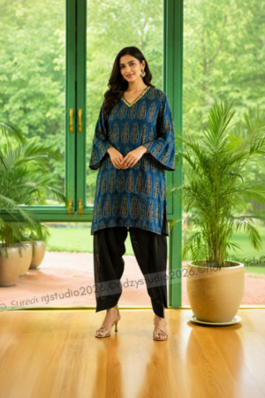 Blue & Black Printed Kaftan Co-ord Set
