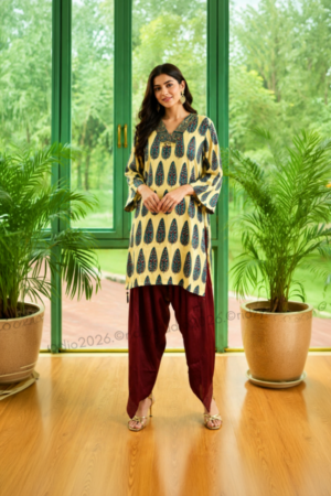 Printed Kurta and Maroon Dhoti Set