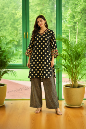 Black & Gold Polka Dot Kurta with Printed Palazzo Set