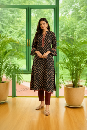 Black Printed Kurti and Maroon Trouser Set
